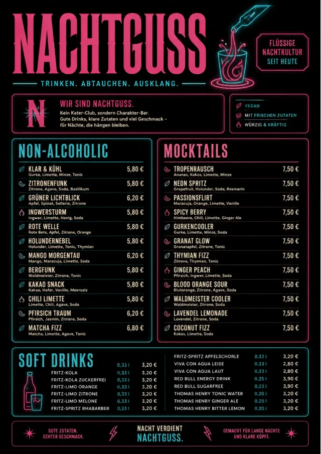Neon Night Pour bar-menu menu template preview