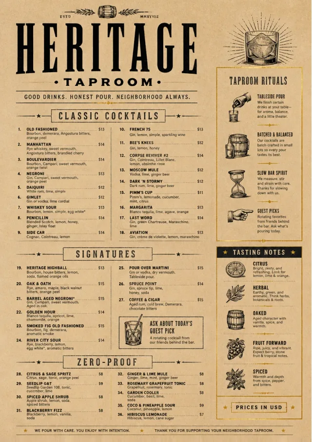 Heritage Taproom bar-menu menu template preview