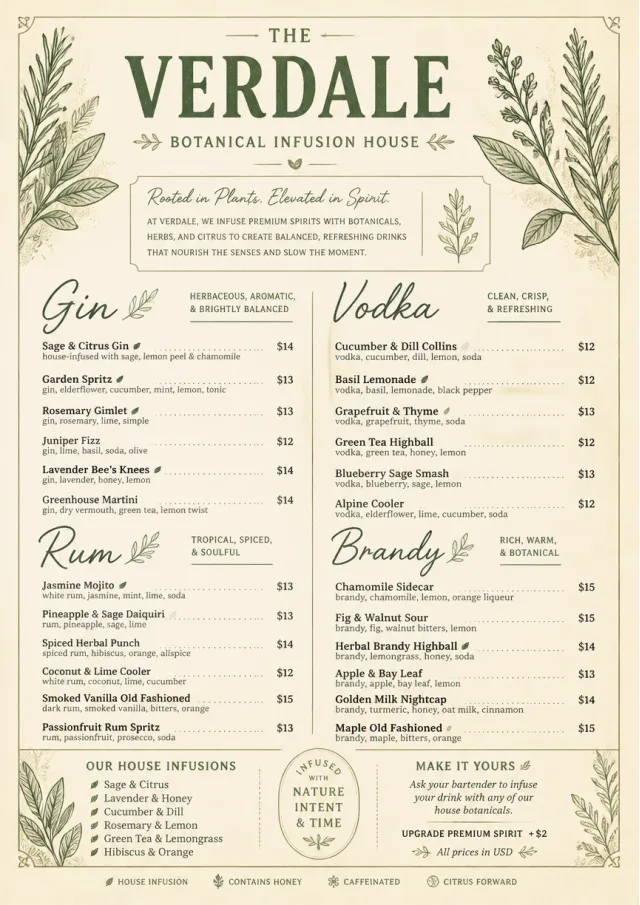 Botanical Infusion bar-menu menu template preview