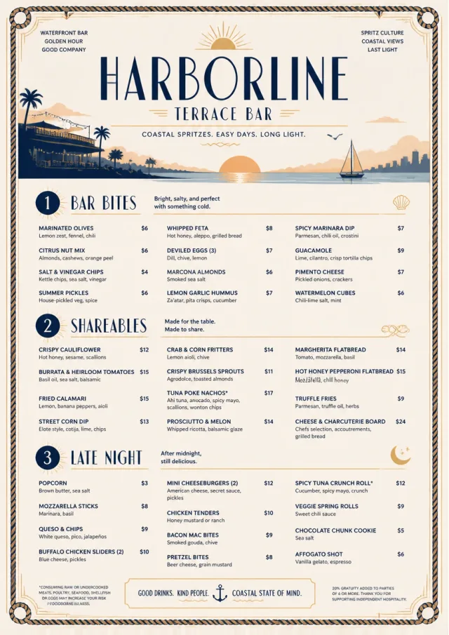 Coastal Sunset bar-menu menu template preview
