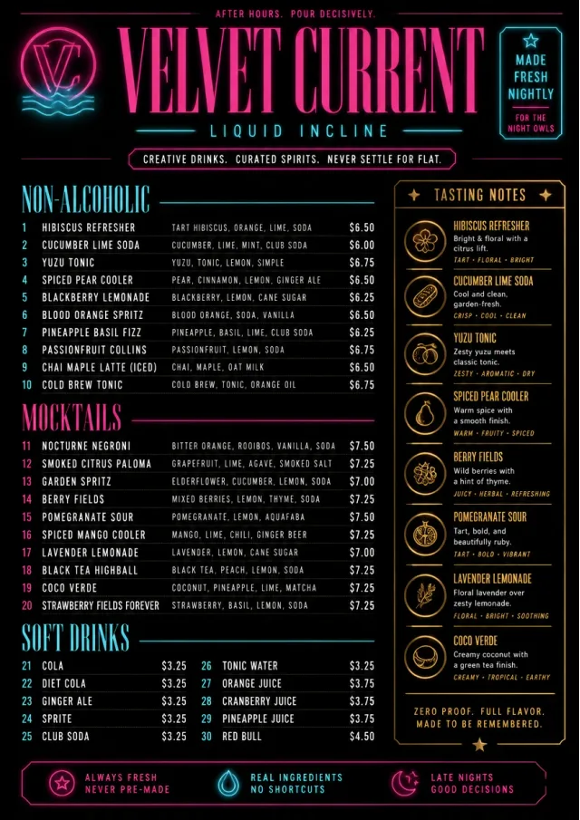 Neon Night Pour bar-menu menu template preview