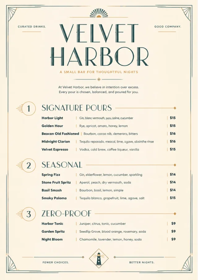 Boutique Pour Card bar-menu menu template preview