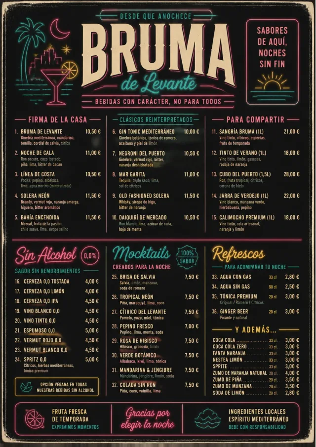 Neon Night Pour bar-menu menu template preview