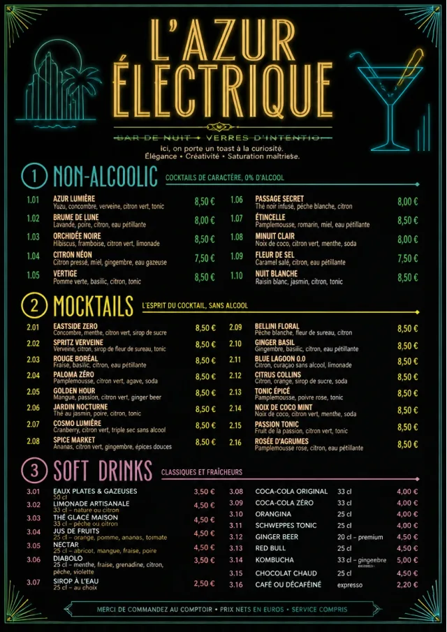 Neon Night Pour bar-menu menu template preview