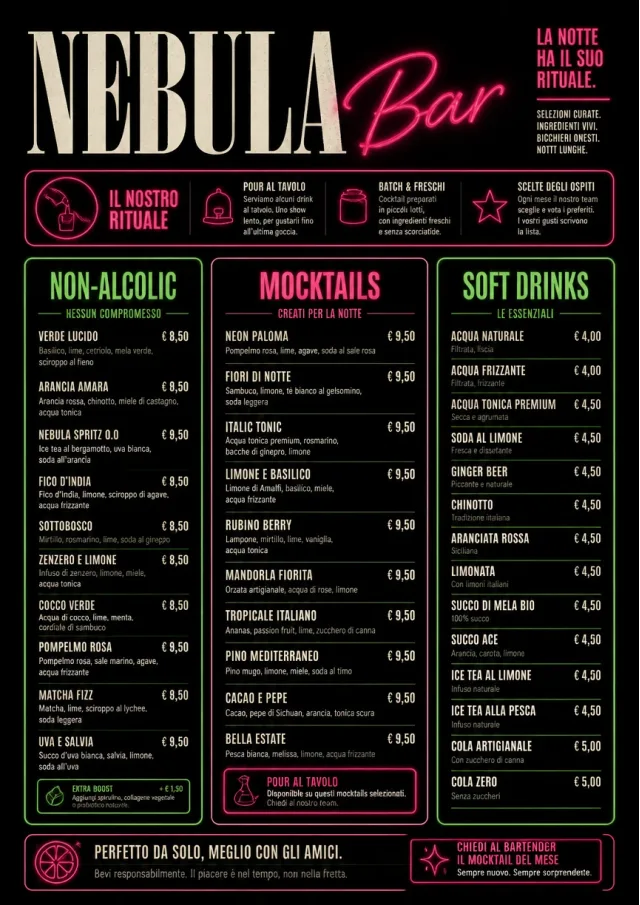Neon Night Pour bar-menu menu template preview