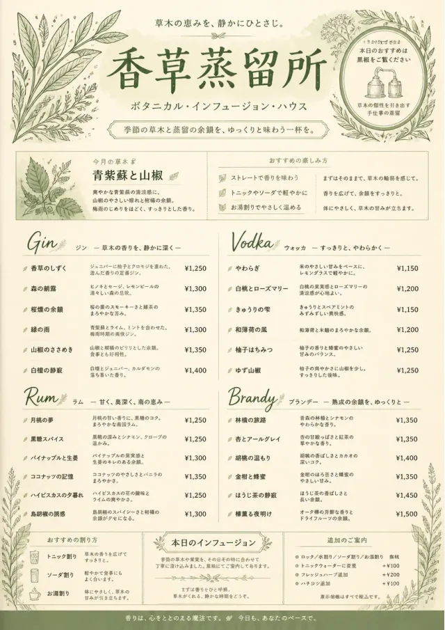 Botanical Infusion bar-menu menu template preview