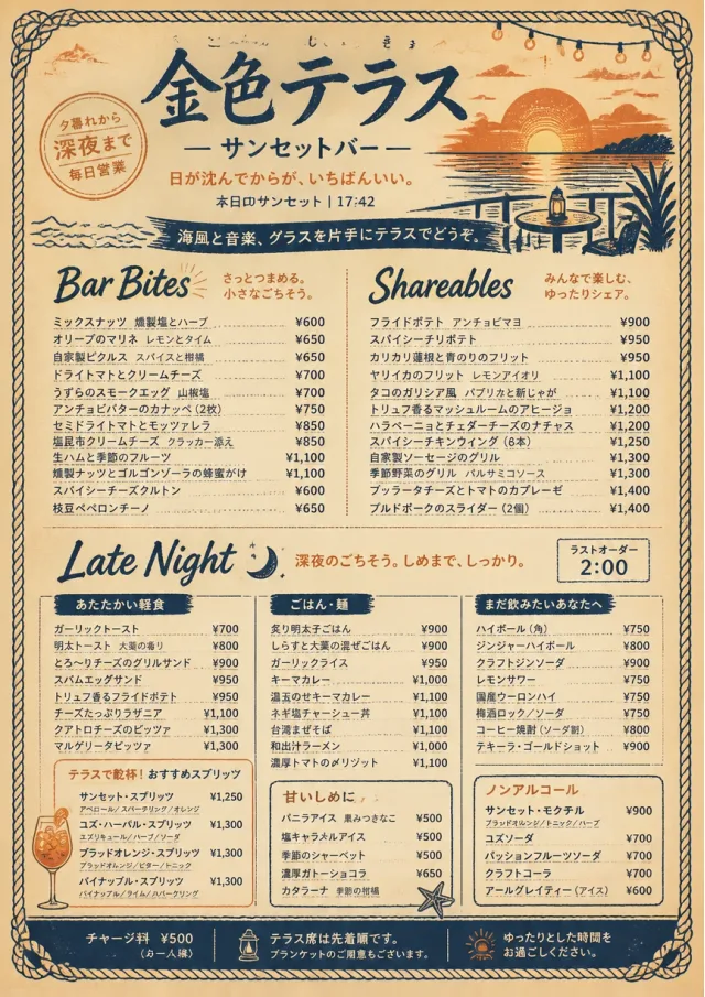 Coastal Sunset bar-menu menu template preview