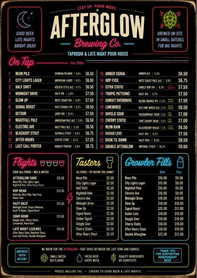 Neon Night Pour beer-menu menu template preview