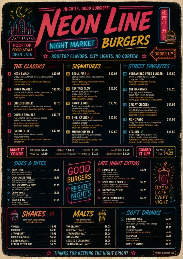 Night Market Neon burger-menu menu template preview