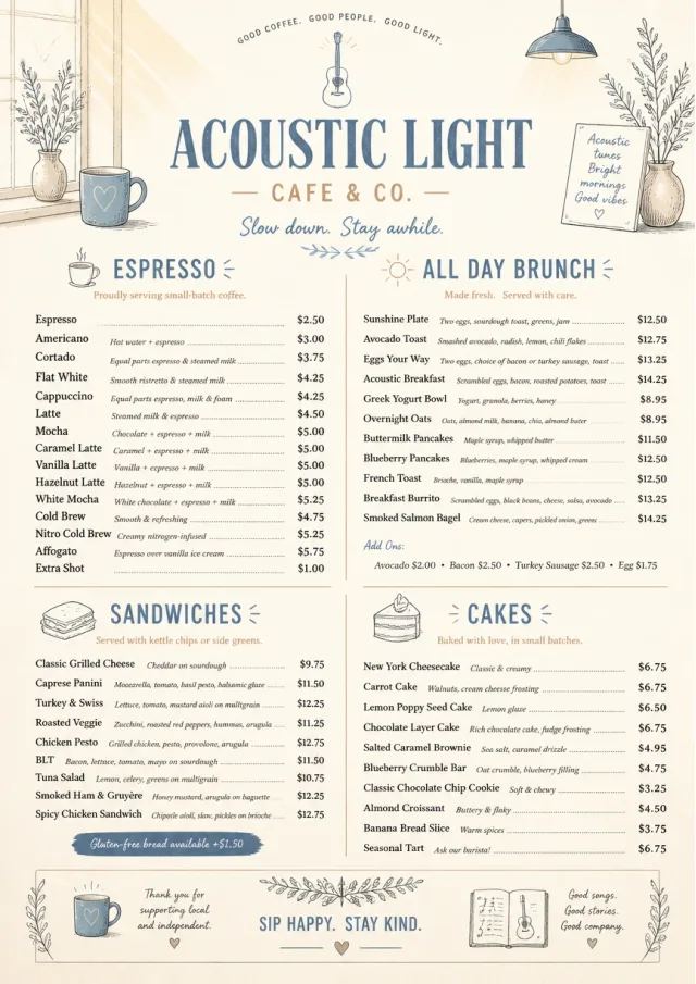 Acoustic Light cafe-menu menu template preview
