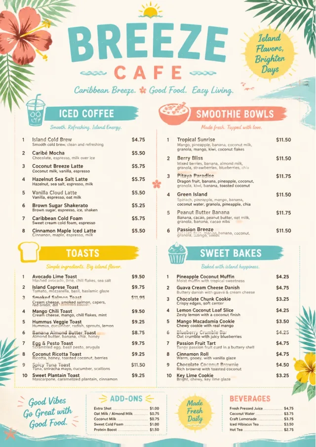 Caribbean Breeze cafe-menu menu template preview