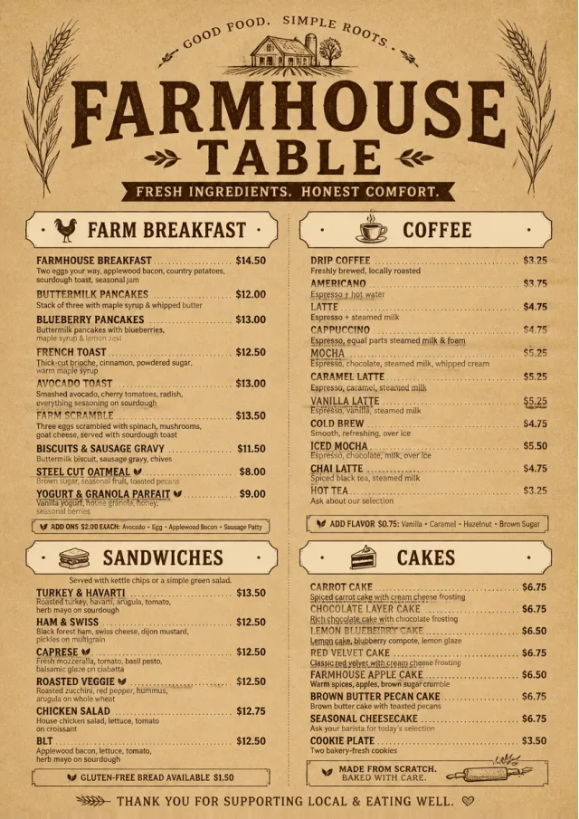 Rustic Farmhouse cafe-menu menu template preview