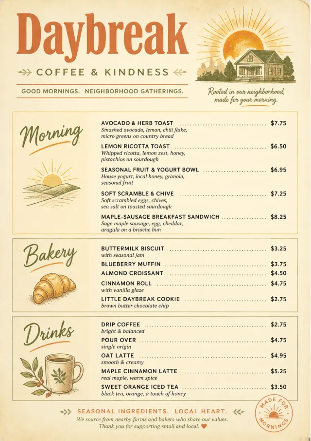 Sunrise Short Carte cafe-menu menu template preview