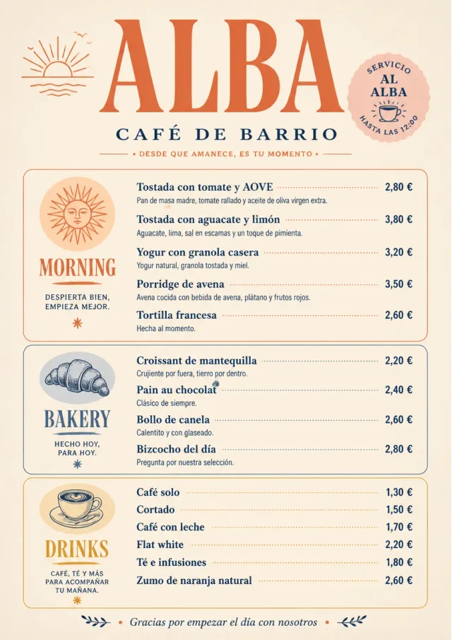 Sunrise Short Carte cafe-menu menu template preview