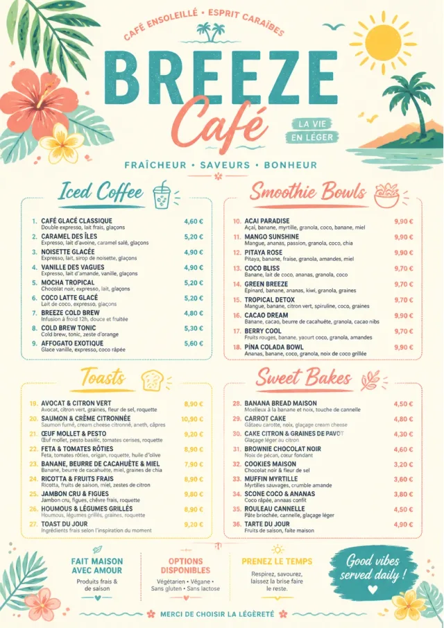 Caribbean Breeze cafe-menu menu template preview