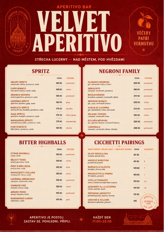 Italian evening aperitivo, plush red velvet, cream typography, vermouth-orange accents, elegant small plates energy cocktail-menu menu template preview