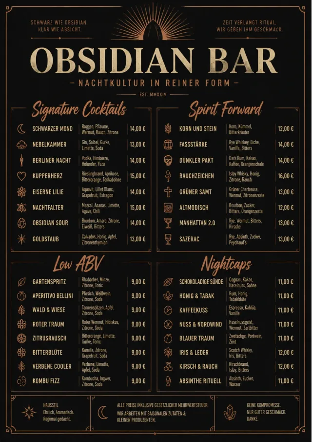 High-End Dark Mode cocktail-menu menu template preview