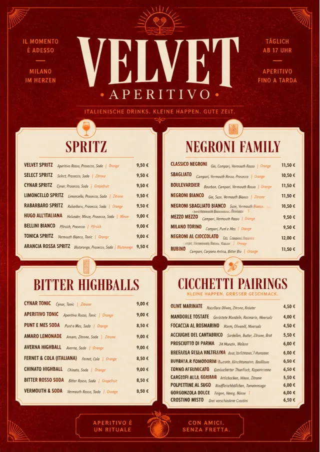 Italian evening aperitivo, plush red velvet, cream typography, vermouth-orange accents, elegant small plates energy cocktail-menu menu template preview