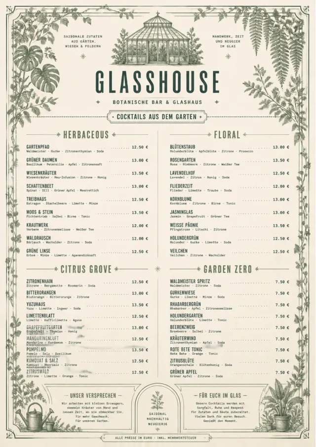 Botanical Glasshouse cocktail-menu menu template preview