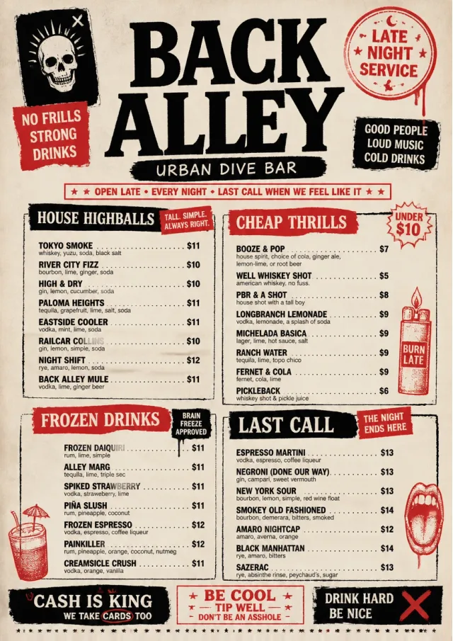 Urban Dive Bar cocktail-menu menu template preview