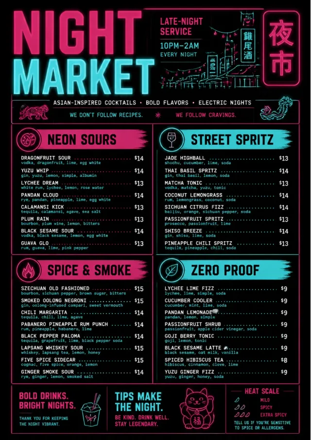 Neon Night Market cocktail-menu menu template preview