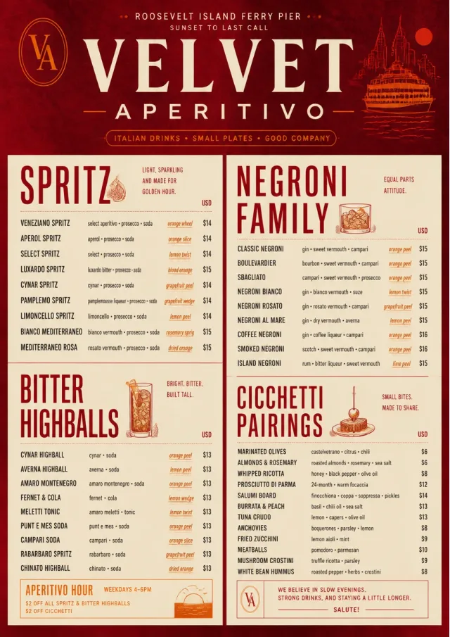 Italian evening aperitivo, plush red velvet, cream typography, vermouth-orange accents, elegant small plates energy cocktail-menu menu template preview