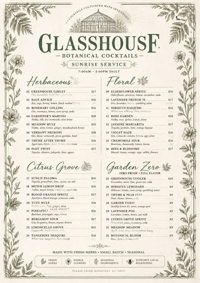 Botanical Glasshouse cocktail-menu menu template preview