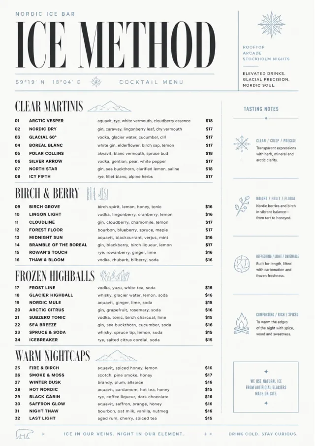 Nordic Ice Bar cocktail-menu menu template preview