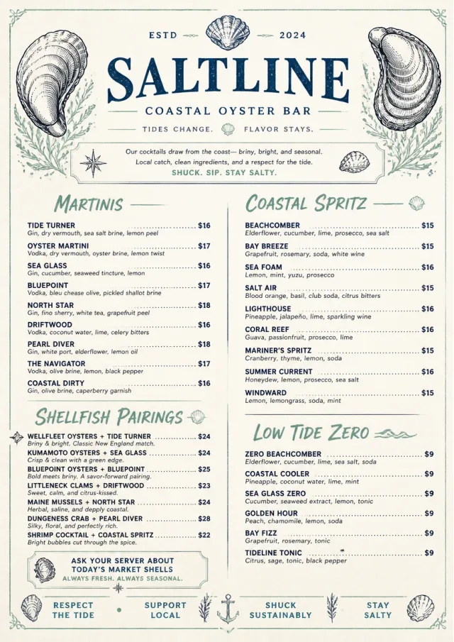 Coastal Oyster Bar cocktail-menu menu template preview