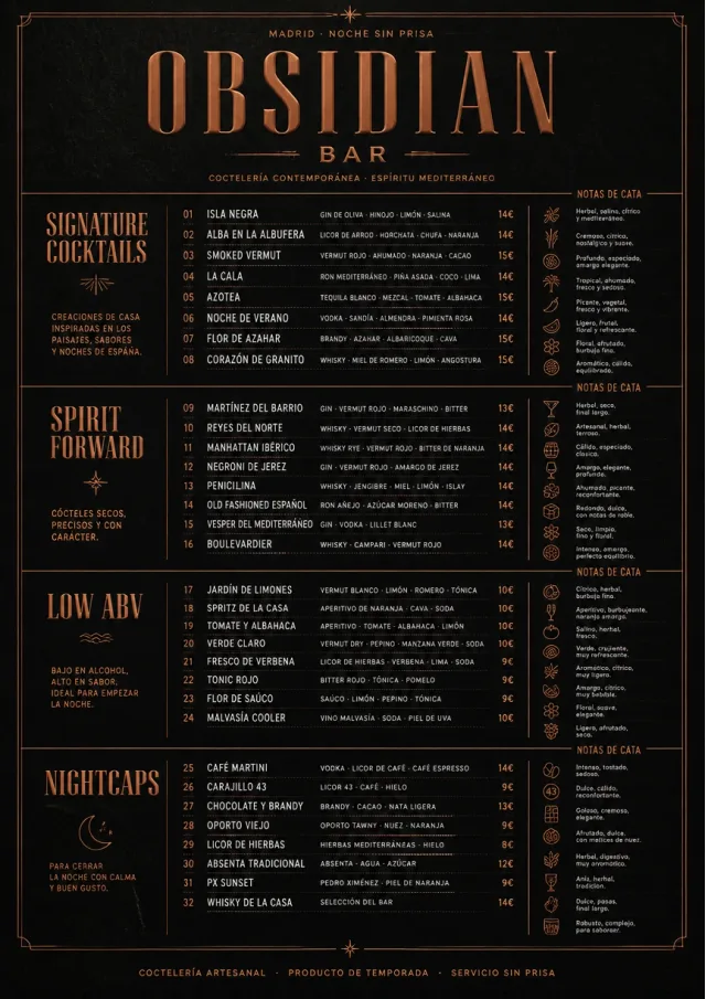 High-End Dark Mode cocktail-menu menu template preview