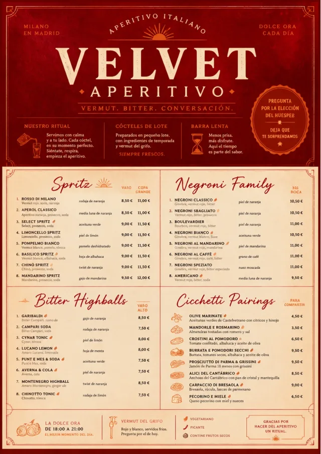 Italian evening aperitivo, plush red velvet, cream typography, vermouth-orange accents, elegant small plates energy cocktail-menu menu template preview