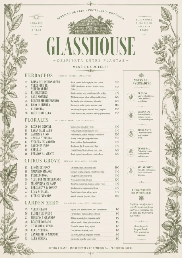 Botanical Glasshouse cocktail-menu menu template preview