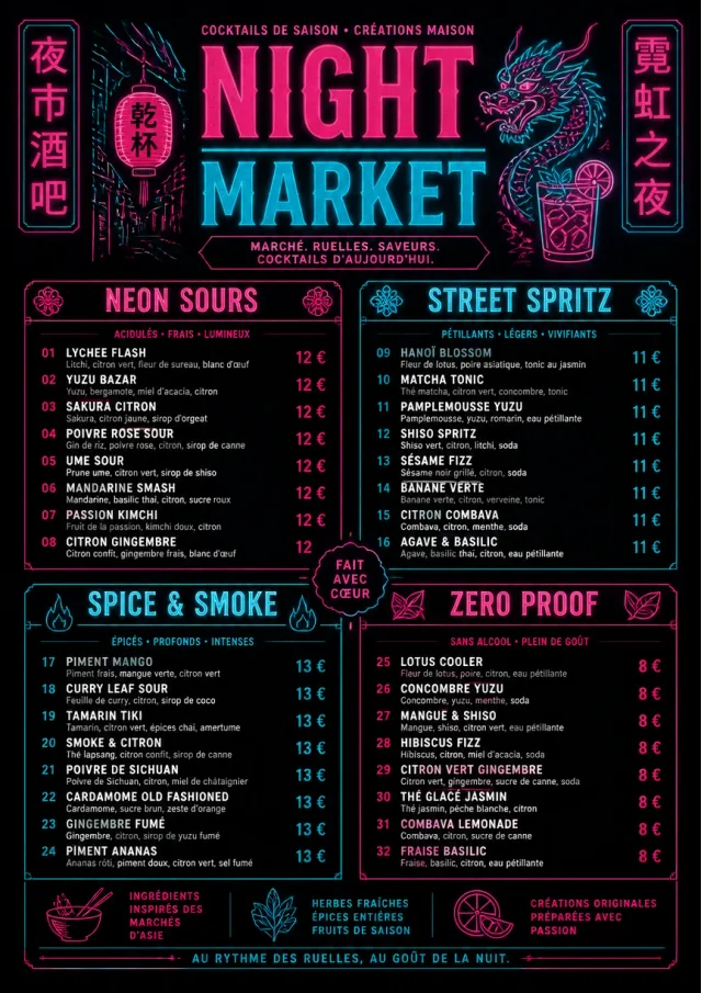 Neon Night Market cocktail-menu menu template preview