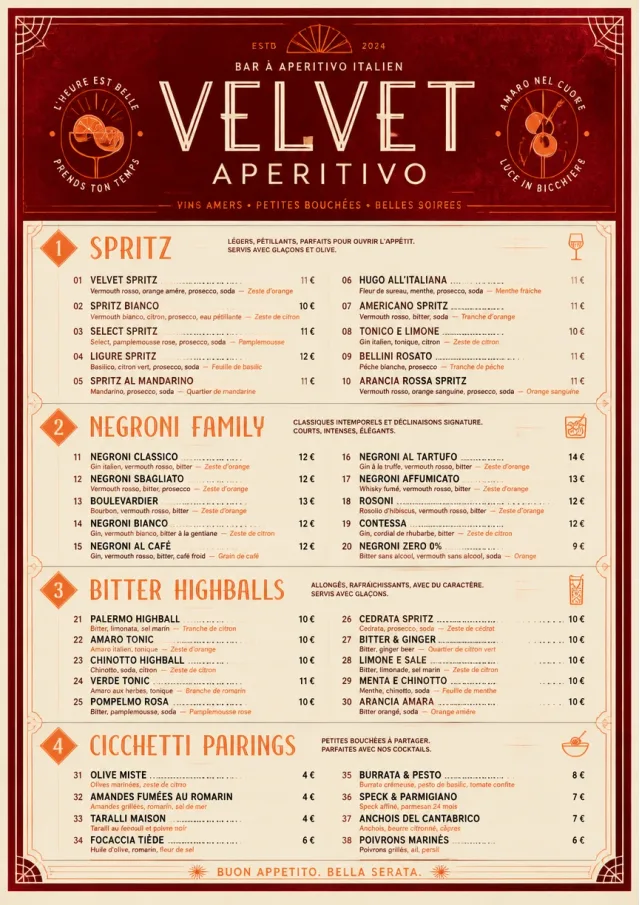 Italian evening aperitivo, plush red velvet, cream typography, vermouth-orange accents, elegant small plates energy cocktail-menu menu template preview