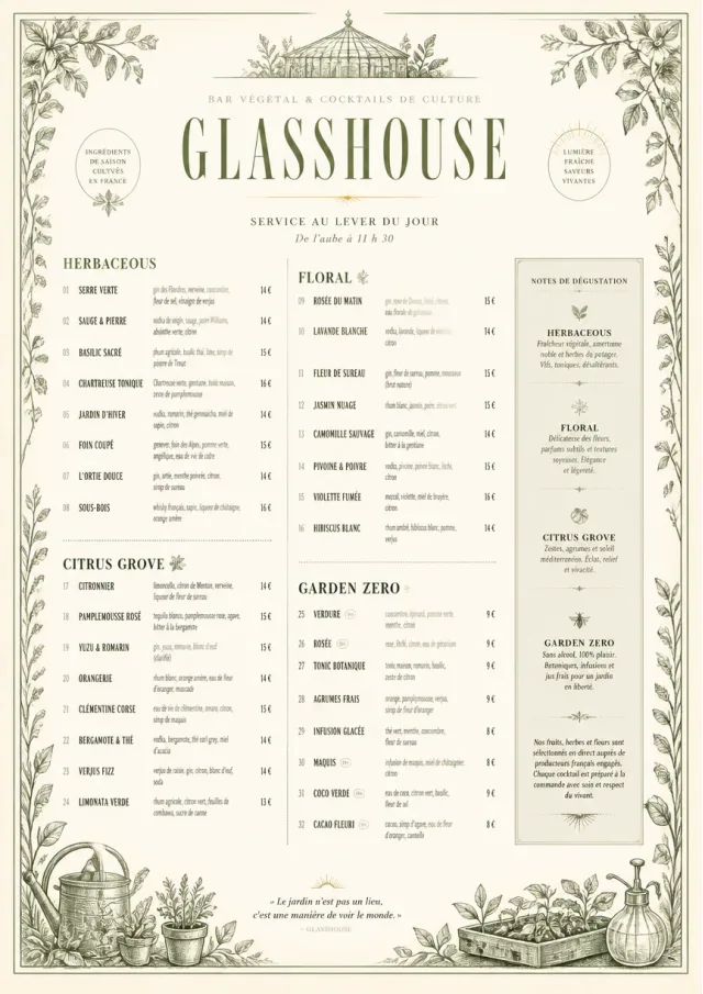 Botanical Glasshouse cocktail-menu menu template preview
