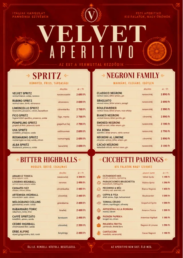 Italian evening aperitivo, plush red velvet, cream typography, vermouth-orange accents, elegant small plates energy cocktail-menu menu template preview