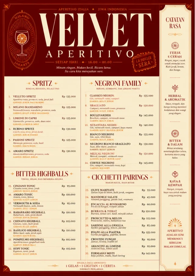 Italian evening aperitivo, plush red velvet, cream typography, vermouth-orange accents, elegant small plates energy cocktail-menu menu template preview