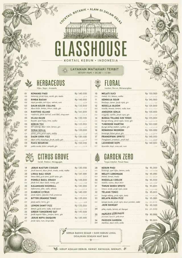 Botanical Glasshouse cocktail-menu menu template preview