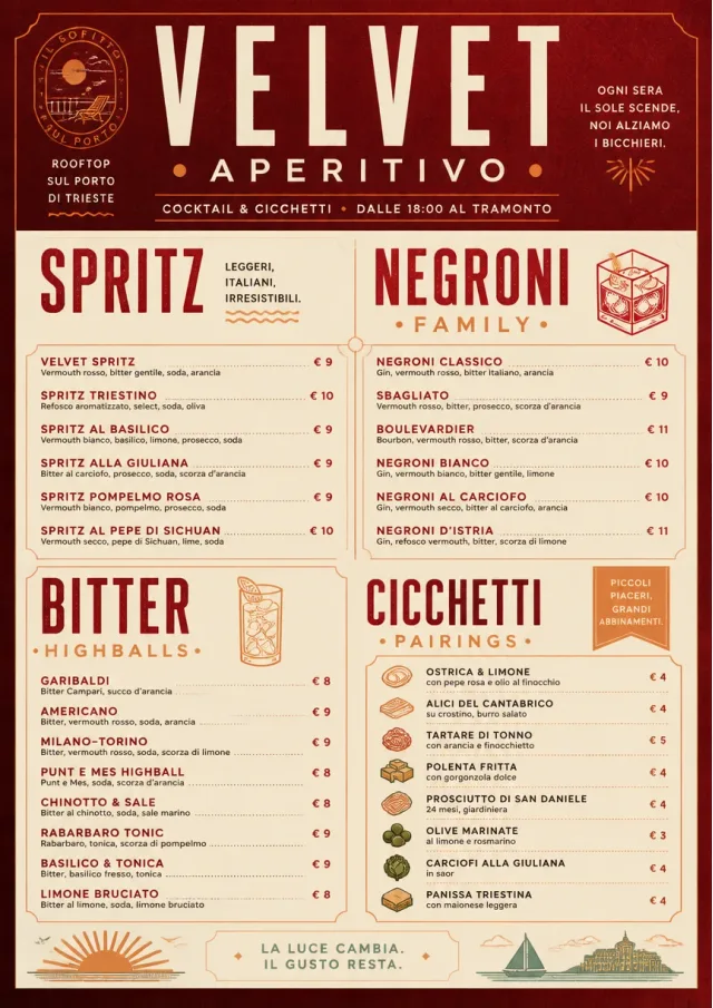 Italian evening aperitivo, plush red velvet, cream typography, vermouth-orange accents, elegant small plates energy cocktail-menu menu template preview