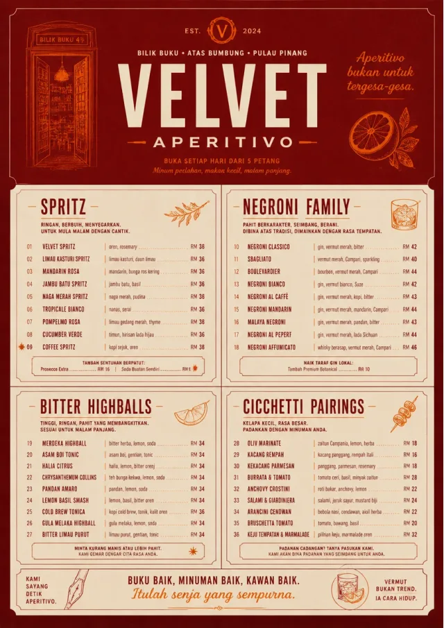 Italian evening aperitivo, plush red velvet, cream typography, vermouth-orange accents, elegant small plates energy cocktail-menu menu template preview