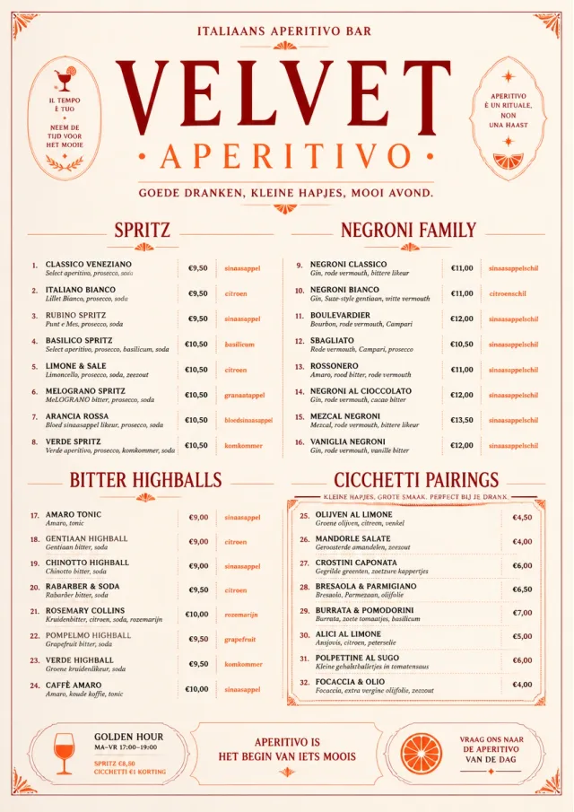 Italian evening aperitivo, plush red velvet, cream typography, vermouth-orange accents, elegant small plates energy cocktail-menu menu template preview