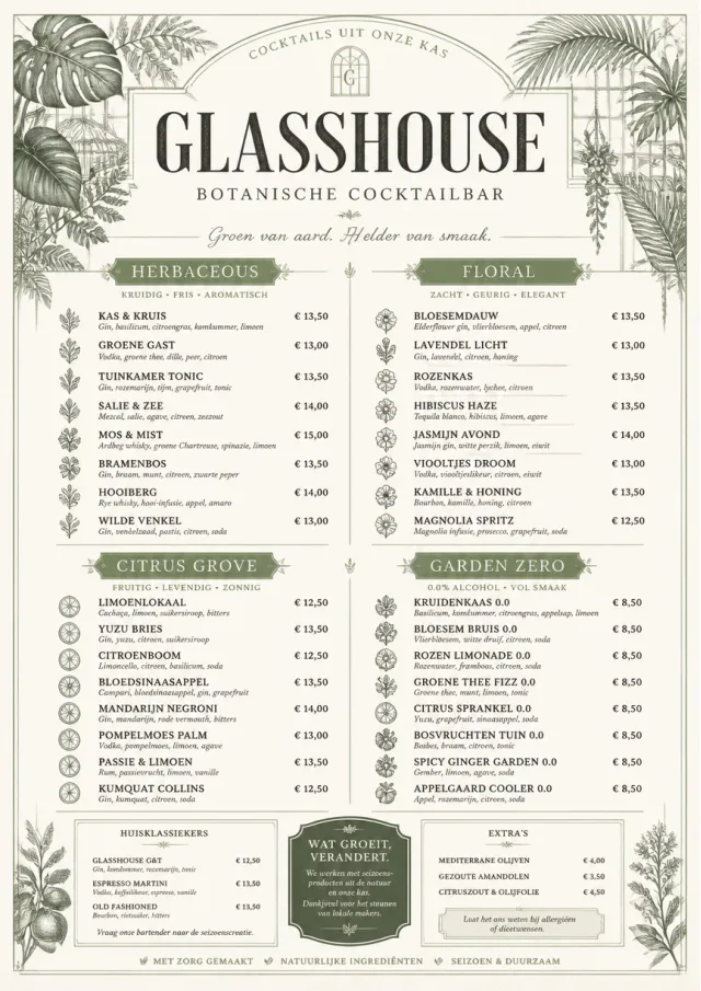 Botanical Glasshouse cocktail-menu menu template preview