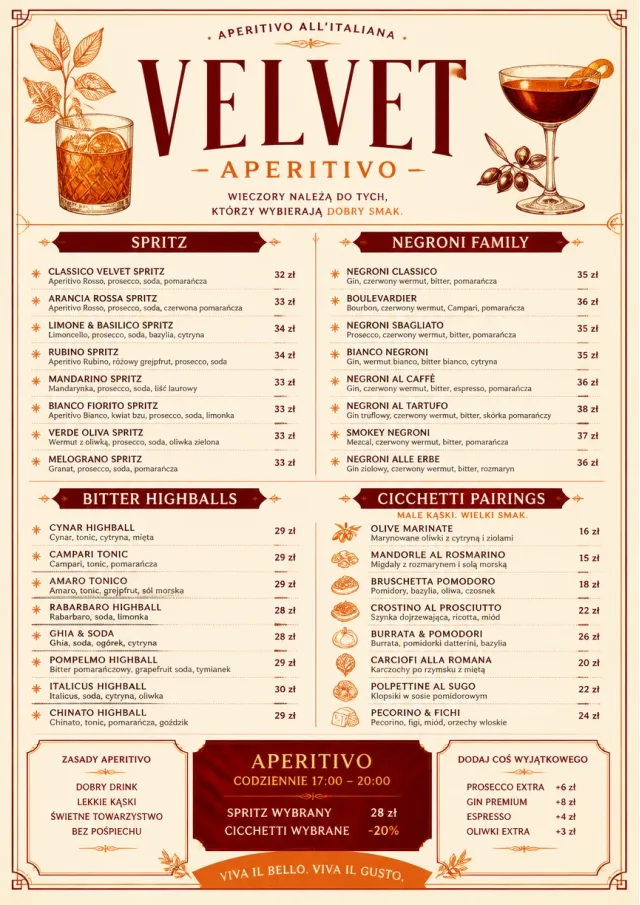 Italian evening aperitivo, plush red velvet, cream typography, vermouth-orange accents, elegant small plates energy cocktail-menu menu template preview