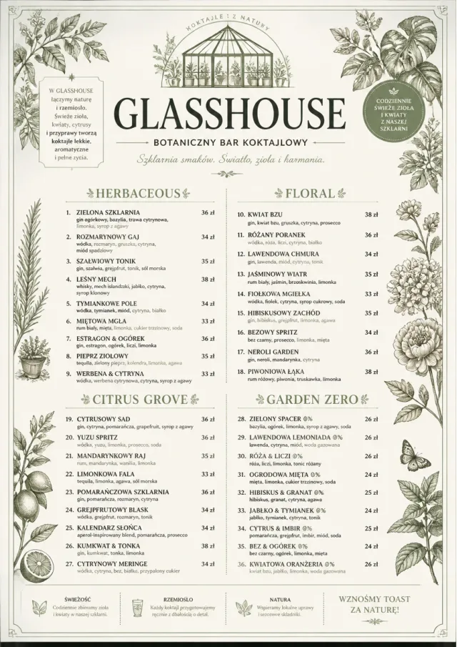 Botanical Glasshouse cocktail-menu menu template preview
