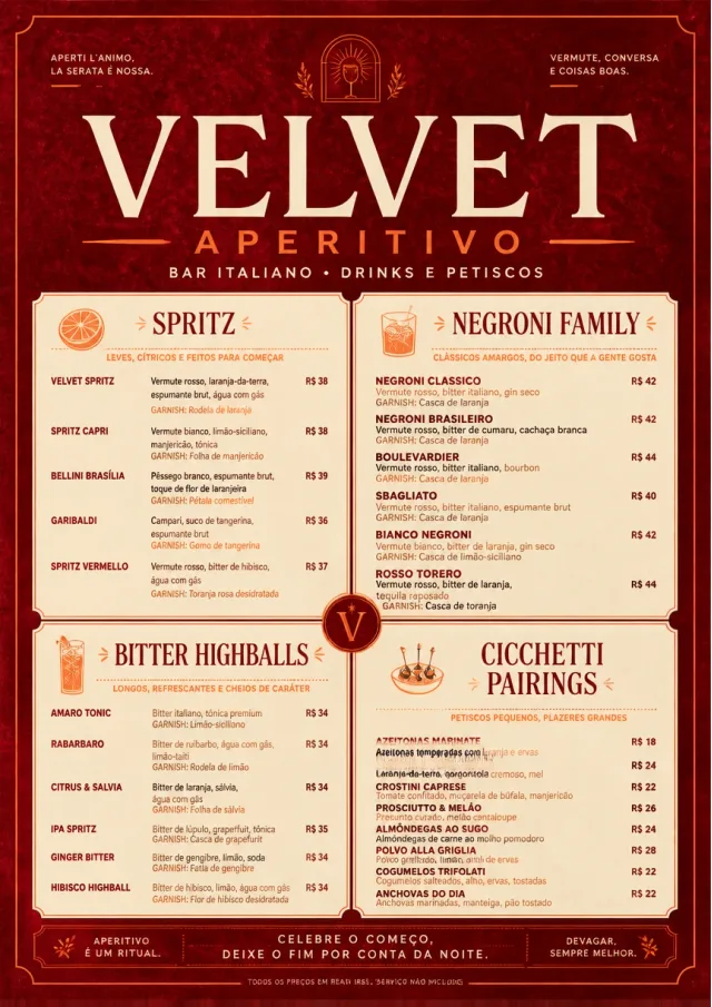 Italian evening aperitivo, plush red velvet, cream typography, vermouth-orange accents, elegant small plates energy cocktail-menu menu template preview