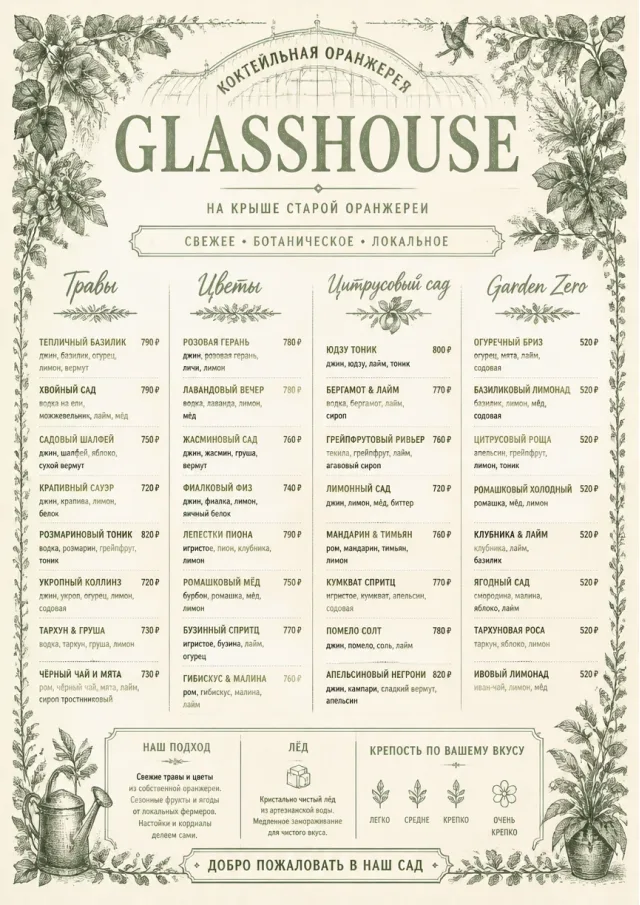Botanical Glasshouse cocktail-menu menu template preview