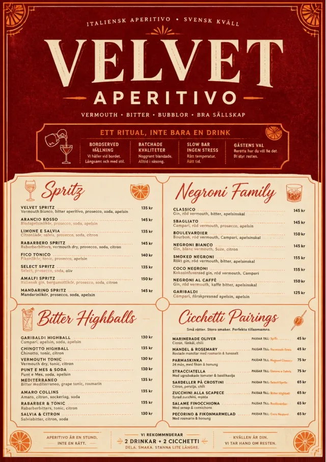 Italian evening aperitivo, plush red velvet, cream typography, vermouth-orange accents, elegant small plates energy cocktail-menu menu template preview