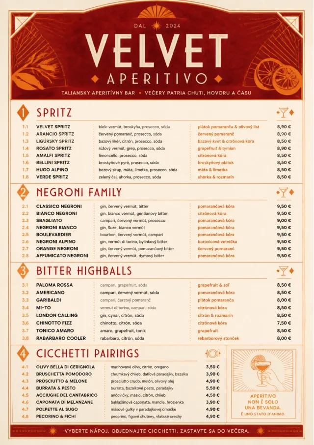 Italian evening aperitivo, plush red velvet, cream typography, vermouth-orange accents, elegant small plates energy cocktail-menu menu template preview