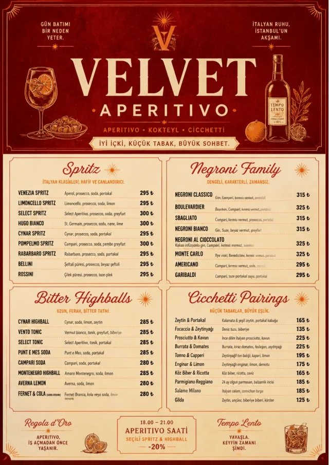 Italian evening aperitivo, plush red velvet, cream typography, vermouth-orange accents, elegant small plates energy cocktail-menu menu template preview