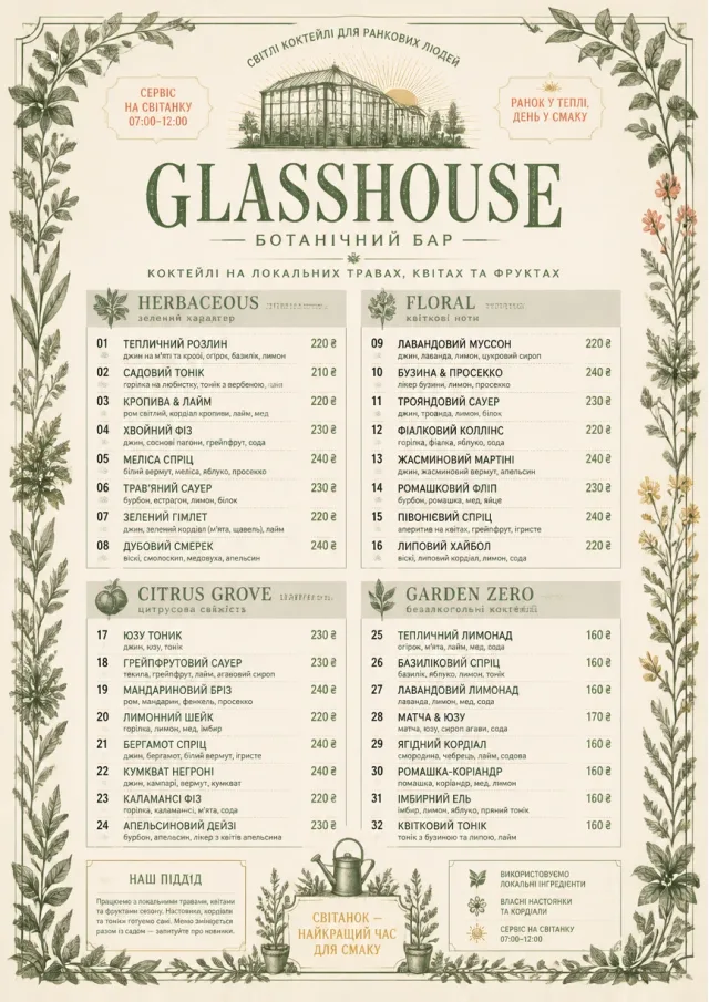 Botanical Glasshouse cocktail-menu menu template preview
